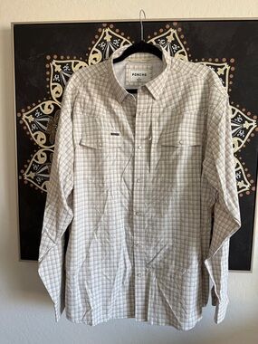 Poncho Men's Beige Plaid Long-Sleeve Button Shirt